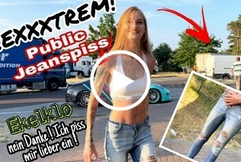 !EXXXTREM! Public Jeanspiss - blond, frau, jeans, Lessia-Mia, mann, natursekt, outdoor, Pissen, porno, public, rastplatz, tattoos